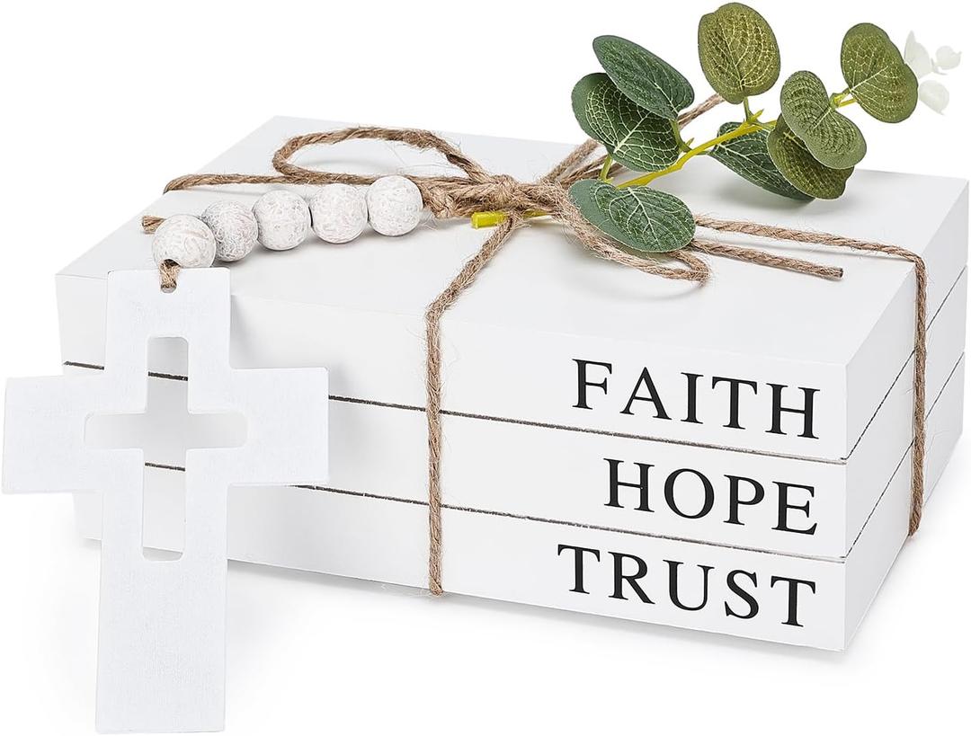 Decorative Faux Books for Farmhouse Decor - Wooden Fake Books for Home, Faith Hope Trust