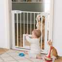 KODYRU 30 Inch Tall Dog Gate with Cat Door, Adjustable Width (29.7-57 Inches) for Doorways, Hallways & Stairs, Pressure-Mounted Walk-Through Dog Gate with Auto-Close & Double Lock Safety（White）