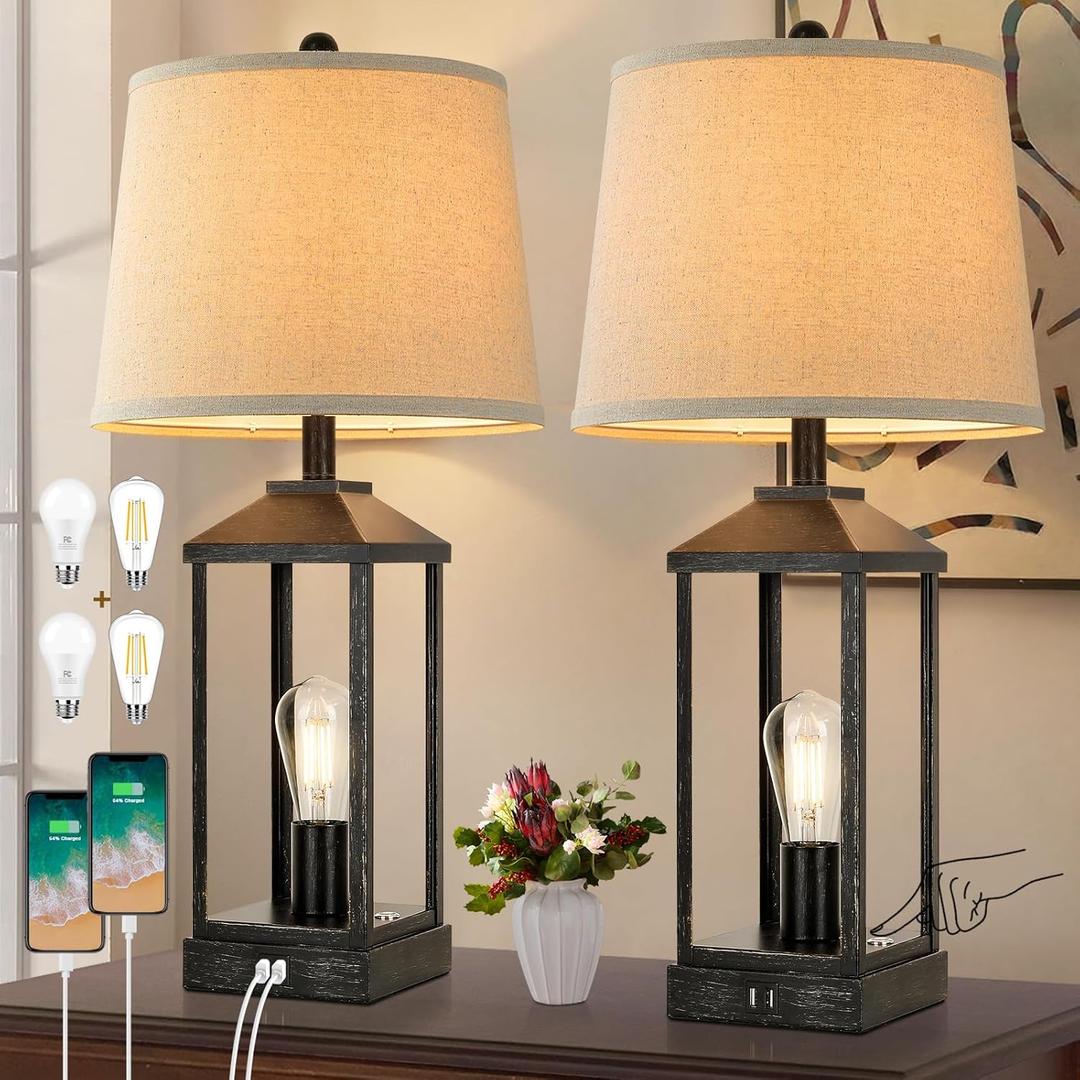 Brightever 28" Farmhouse Table Lamps Set of 2, Black Bedside lamp with USB Charging Ports, 3-Way Dimmable Touch Control Nightstand Lamps,Tall Table Lamp for Living Room, 4 Bulbs Included