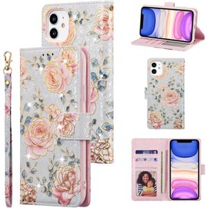 UEEBAI Wallet Case for iPhone 12/iPhone 12 Pro 6.1 inch, PU Leather Case Kickstand RFID Blocking Flip Case Card Slots Wrist Strap Relief Engraved Pattern Magnetic Closure Folio Case, Purple Rose