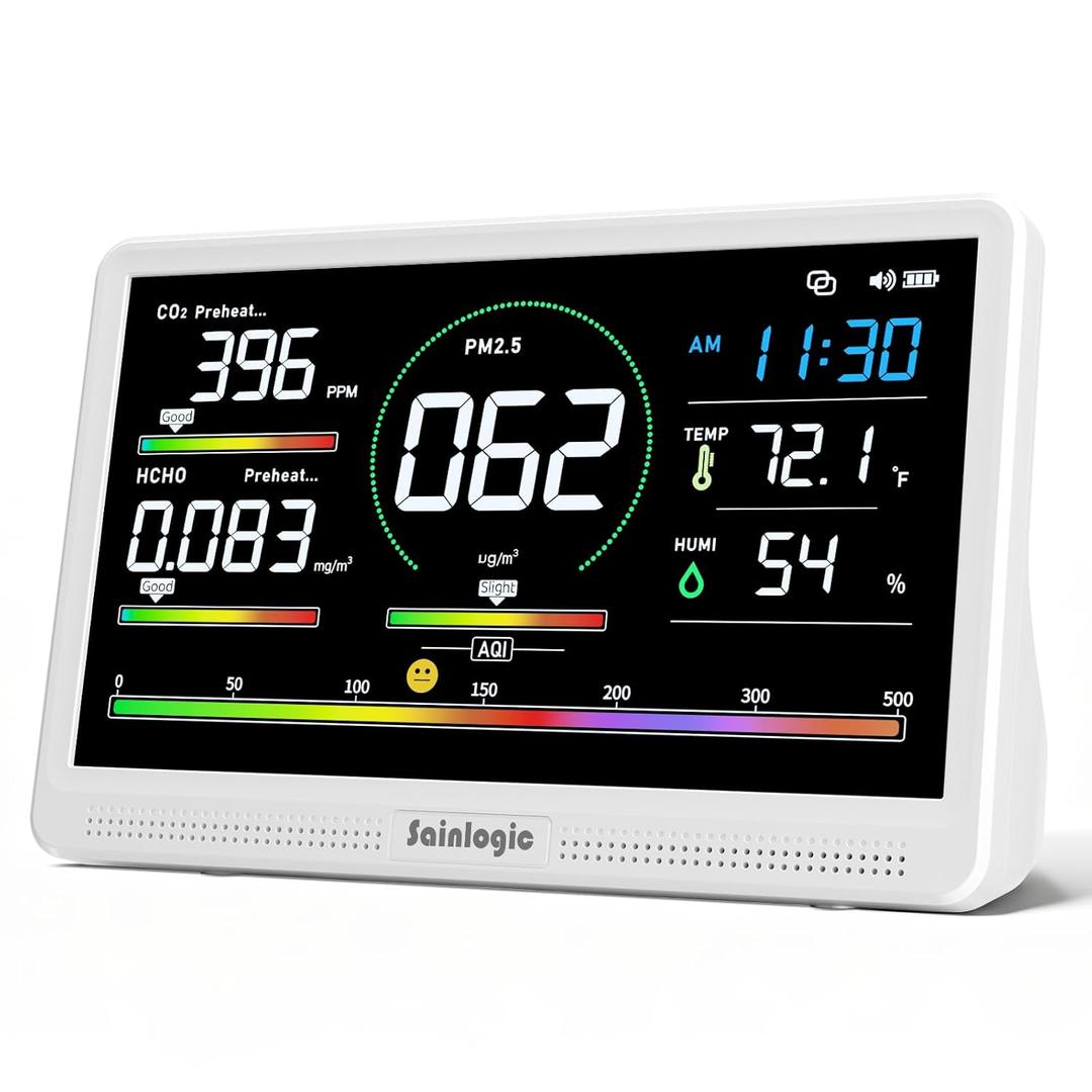 Sainlogic 16 in 1 Professional Air Quality Monitor Indoor with 7.2" Display & 3-Color 7 AQI Alerts,CO2 Monitor Air Quality Tester for CO2,HCHO,TVOC,PM2.5 PM1.0 PM10,Humidity,Temp & Time Meter for Home