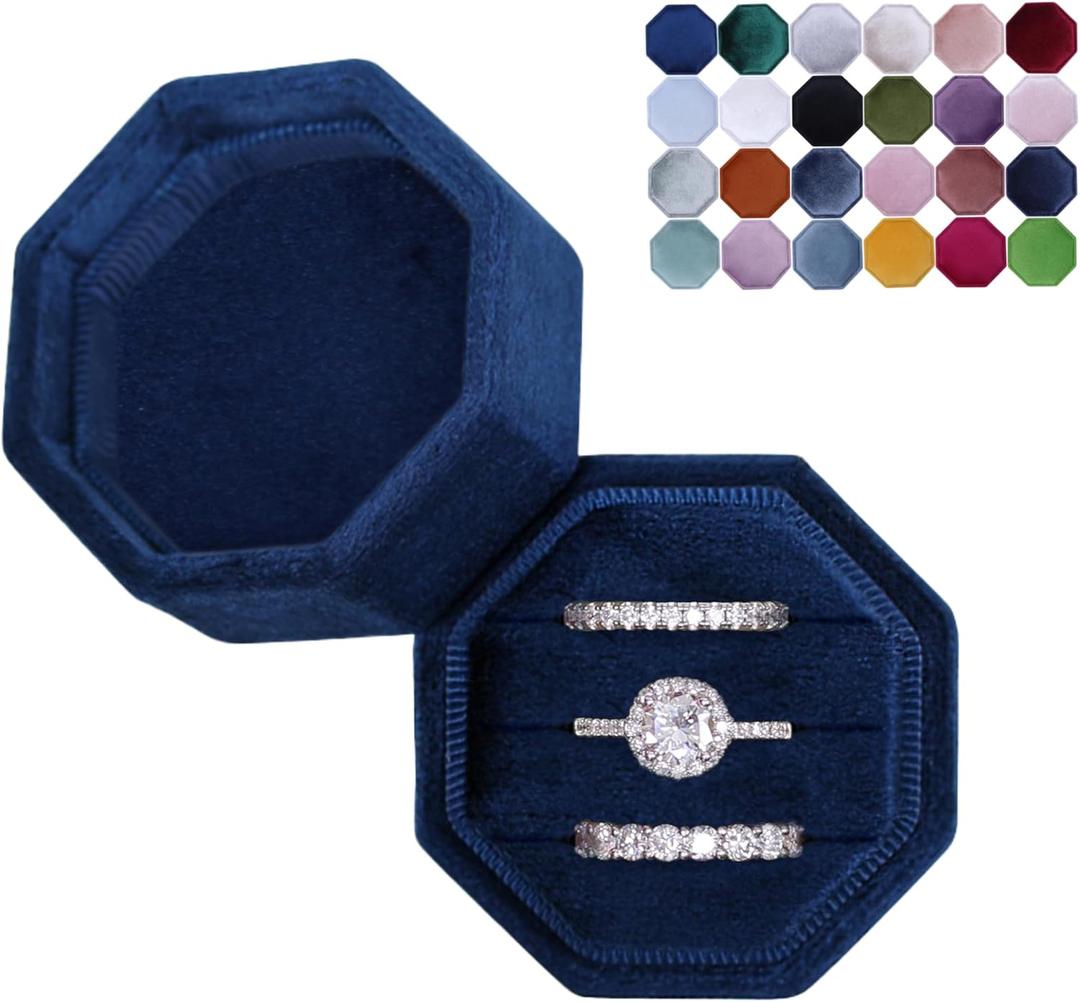 Velvet 3 Slots Jewelry Ring Box Engagement Wedding Box Keepsake Box Bridal Photo Ring Triple Slots Octagon (Navy Blue)