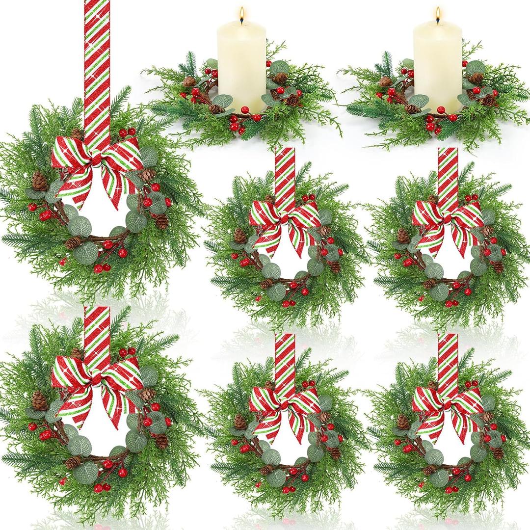 8 Pcs Christmas Kichen Cabinet Wreaths Bulk 7.87 Candy Cane Artificial Faux Candle Ring Wreath with Glitter Red White Green Ribbon Bow Pine Berries Christmas Decor for Xmas Home Window Door