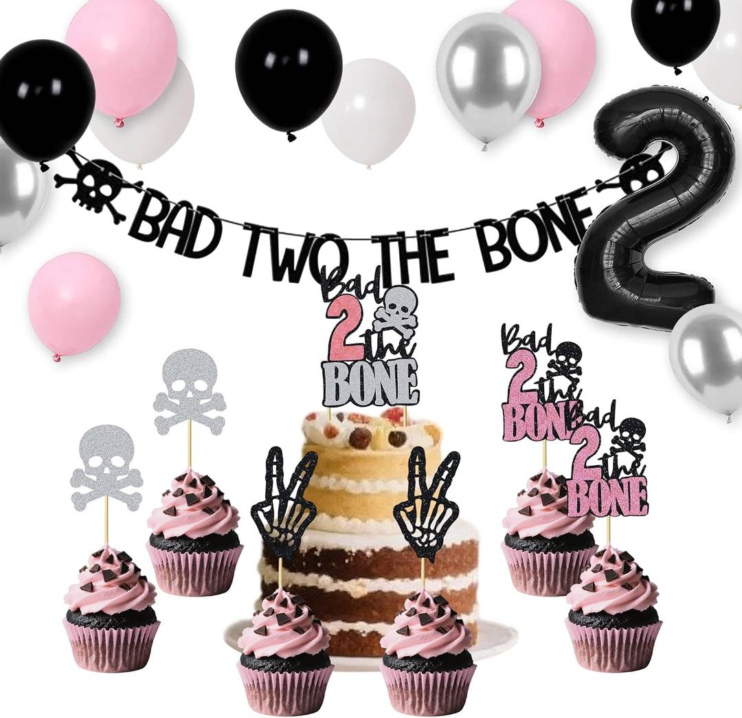 Bad Two The Bone Birthday Decorations,Include Banner Cake Toppers Cupcake Toppers,Party Music Themed Decorations with Balloons for Skeleton Rock and Roll Birthday(Black and Pink Balloons)
