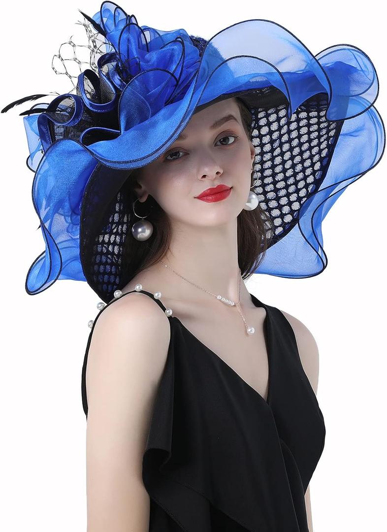 Women Derby Church Organza Flower Wedding Tea Party Fascinator Wide Brim Sun Hat (Blue)