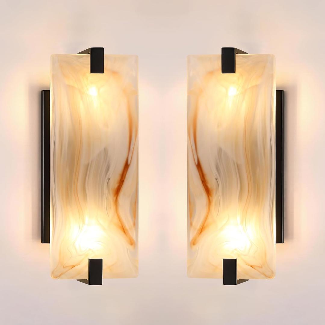 2 Pack 2 Light Square Red Frosted Glass Bathroom Wall Sconce Modern Concise Style Wall Light Fixture,Black Finish for Bedroom Hallway Bedside