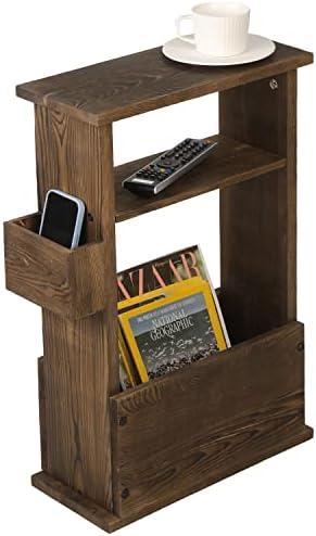 MyGift 24 Inch Tall Rustic Burnt Wood End Table with Remote Control Holder, Storage Shelf, and Magazine Rack, Wooden Narrow Living Room Couch Side Accent Furniture