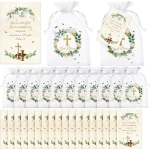 Blulu 50 Sets Baptism Party Gift, Greenery God Bless Drawstring Bags with First Communion Tags Religious Baby Shower Organza Bags for Boy Girl Baptism Birthday Christenings Party Supplies Decor(Cross)