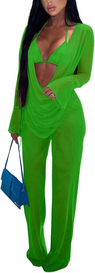 EDITCOZY Women Mesh Sheer 3pcs Outfits Long Sleeve Top Long Pant Bikini Cover Up (Large, Green)