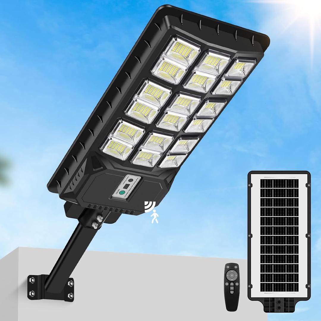 Solar Street Lights Outdoor 6000W Replacement, Solar Powered Lights Waterproof Motion Sensor with Remote, 460000LM 6500K Dusk to Dawn LED Flood Light, Commercial Lighting for Yard, Parking Lot, 1-Pack