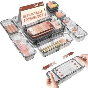 14 Pcs Clear Drawer Organizer, Adjustable Drawer Storage Box, 3-Size Desk Drawer Organizer, Acrylic Storage Bins for Makeup, Kitchen Utensils, Bedroom Dressers Tool Organizer for Gadgets, Black