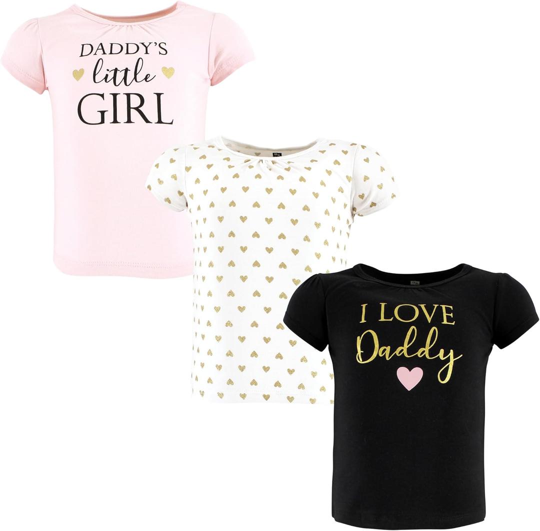 Hudson Baby Unisex Baby Short Sleeve T-shirts (3T, Girl Daddy), Pack of 2, Black And White With Golden Hearts