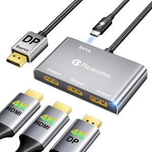 Reborn DisplayPort to Dual HDMI Splitter and DP Adapter 4K@60Hz, DP Source to 2 HDMI and DisplayPort Adapter 1 in 3 Out Splitter Extended Display with PC, Graphics Card, Lenovo, HP and More