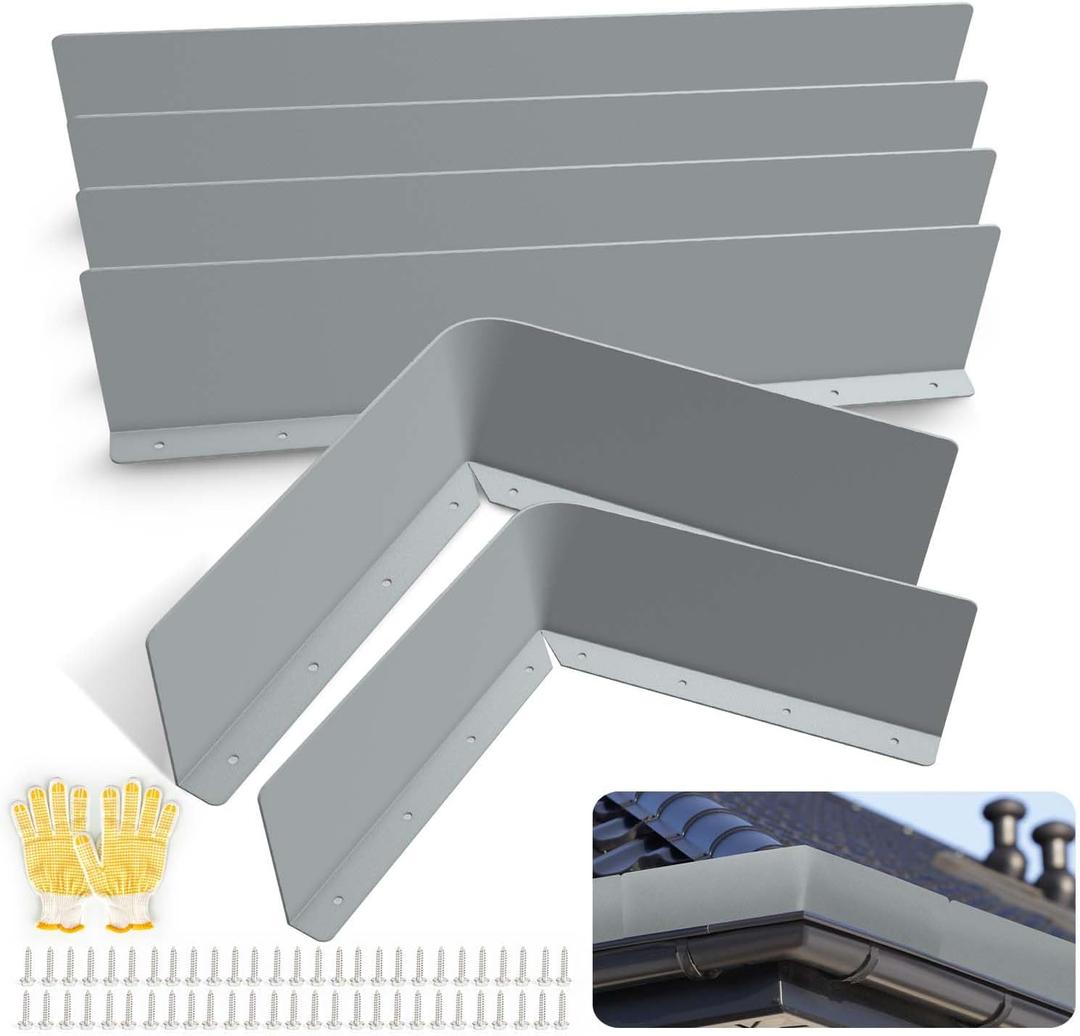 Gutter Valley Splash Guards, 6 Pcs 15.7 x 3.5 Inches Aluminum Downspout Diverter Roof Rain Roofing Gutter Guards with Screws for Shingle Corner and Straight House (Gray)
