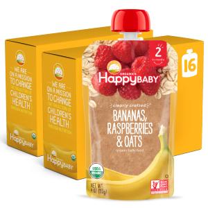 Happy Baby Organics Stage 2 Baby Food Pouches, Gluten Free, Vegan & Healthy Snack, Clearly Crafted Fruit & Veggie Puree, Bananas, Raspberries & Oats, 4 Ounces (Pack of 16) (EXP 05/29/27)