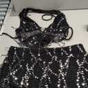 SOLY HUX Women's 2 Piece Party Club Outfit Sequin Tie Backless Sheer Halter Crop Top and Mini Skirt Set, Size: Small