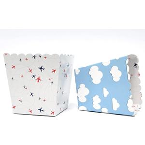 Airplane Favor Snack Boxes For Travel Adventure Themed Kids Birthday Party Supplies, Pilot Up Up And Away Parties, Cloud Themes. Set Of 12 Reversible Airplane To Cloud Pattern Scalloped Popcorn Boxes