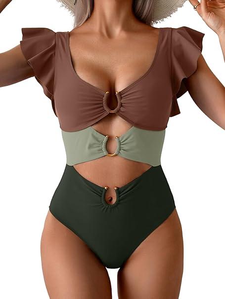 B2prity Women's One Piece Swimsuit Ruffle Sleeve, L