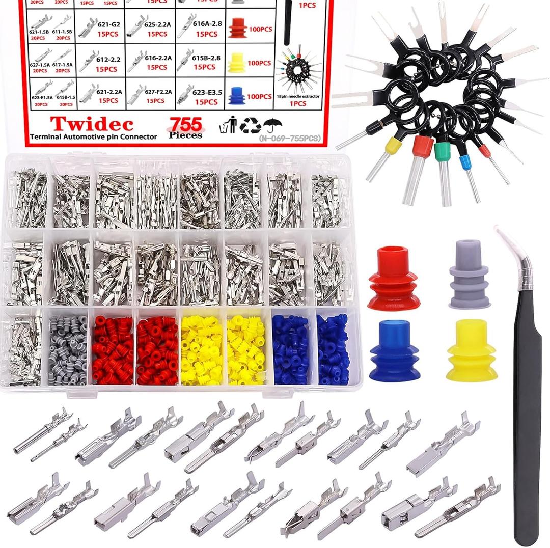 Twidec/755PCS Car Electrical Wire Terminal Pins Connector Kit 21Type 1/1.5/1.8/2.2/2.8/3.5mm Auto Electric Connector Pins Terminal Non-Insulated Plug Removal Male Female Crimp Pins