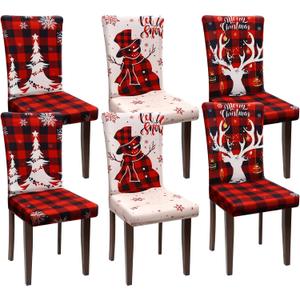 Preboun 6 Pcs Christmas Chair Covers Dining Protector Removable Washable Stretch Xmas Tree Snowman Elk Buffalo Plaid Slipcovers for Hotel Party Wedding Holiday Decor (LEN-Preboun-1259)