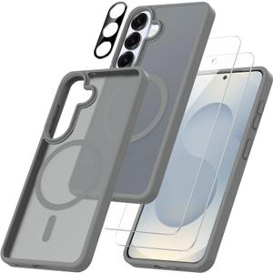 for Samsung Galaxy S26 5G Case with 2 * Tempered Glass Screen Protector with 1* Camera Lens ProtectorCompatible with Magnetic mounts, Shockproof Protective Bumper Phone Cover (Grey)