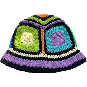 Crochet Bucket Hat for Women Handmade Knit Hats Summer Floral Skull Cap Knit Bucket Hats for Women Girls, Ethnic Purple & Blue