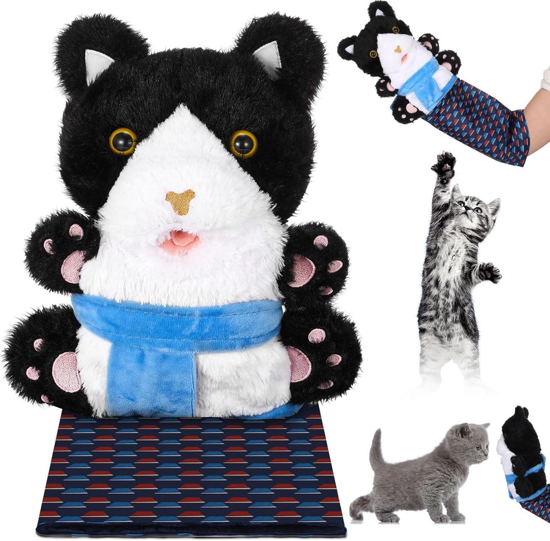 Cat Puppet Wrestler, Cat Wrestling Toy Puppet Hand Glove with Tough Padding for Safe and Fun Interactive Play, Relieve Boring Games (Black White)