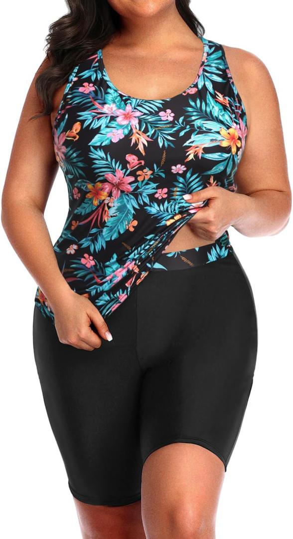 Daci Women's Plus Size Tankini Swimsuit - Two Piece Rash Guard with Capris Shorts and Athletic Racerback Bathing Suit (XX-Large, Colorful Floral 2) Daci Women's Plus Size Tankini Swimsuit - Two Piece Rash Guard with Capris Shorts and Athletic Racerback Bathing Suit (XX-Large, Colorful Floral 2)