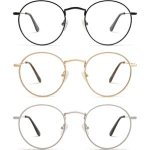 3-Pack Retro Round Reading Glasses for Men Women Trendy Blue Light Blocking Computer Readers Metal Frame AM6101 Mix (+1.75 Magnification Strength)