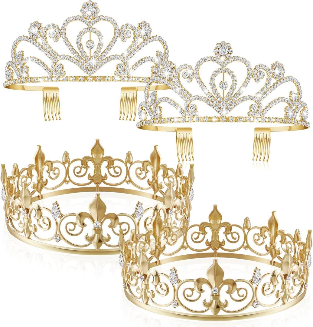 Henoyso 4 Pcs King and Queen Crowns Set Prom King and Queen Tiara Princess Crowns for Women Wedding Birthday Summer Party (Gold Color)