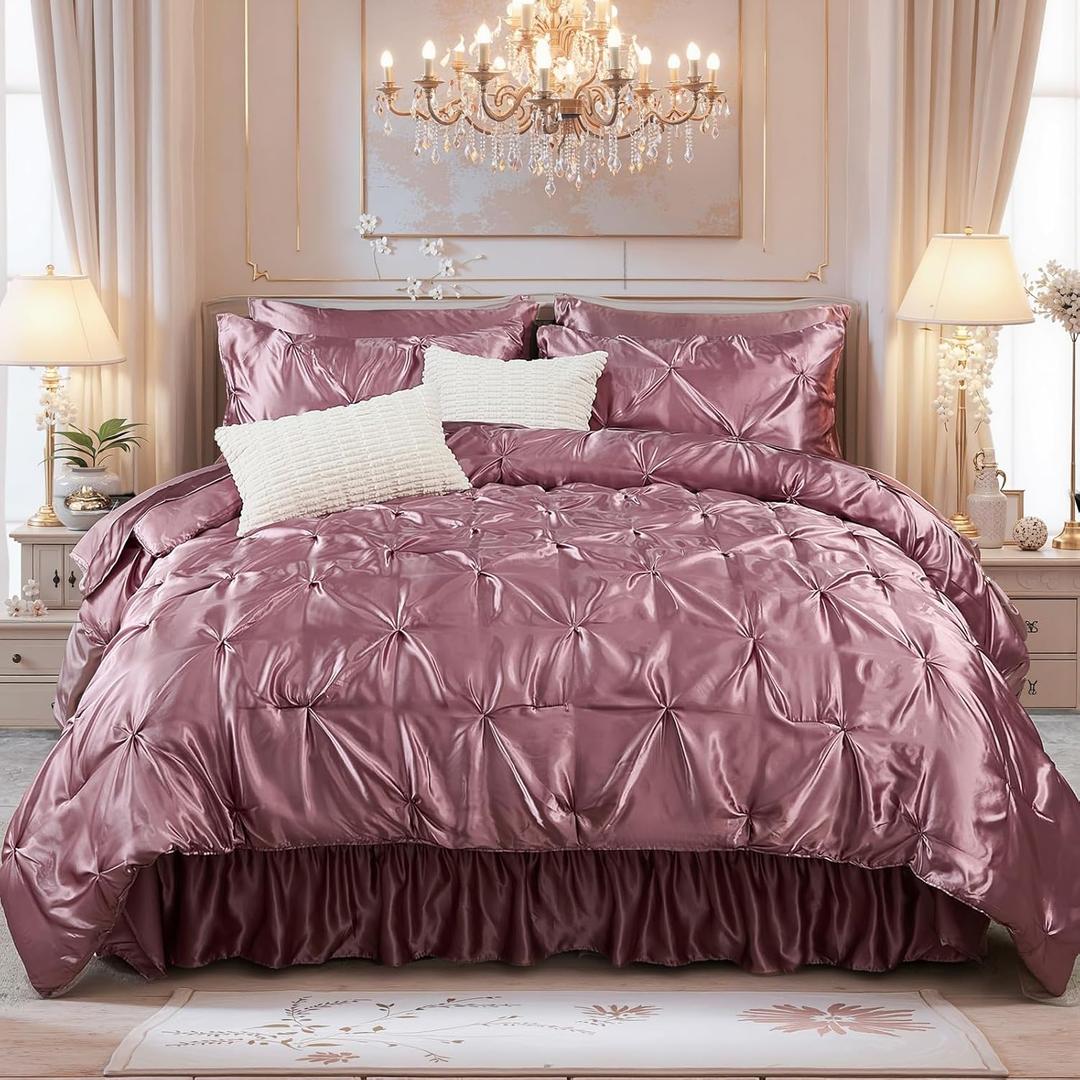 Bedbay Satin Comforter Set, Queen Size, Satin Bed Sheets 10-Piece, Silk Like Queen Bed Set, Bean Paste Room Bed in a Bag, Pinch Pleat Bedding Set, Soft Silky Pintuck Luxury Comforter Set with Sheet Set
