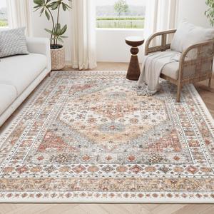 zesthome 6x9 Area Rug, Super Soft Washable Rugs for Living Room, Non-Slip Stain Resistant Vintage Rugs, Ultra-Thin Large Area Rugs (Orange,6'x9') (6' x 9' (Rectangular))