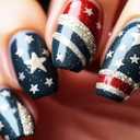 4th July Press on Nails Short Square Fake Nails with Red Blue Line Design Glue on Nails Glitter False Nails Indepndence Day Acrylic Nails for Women 24Pcs