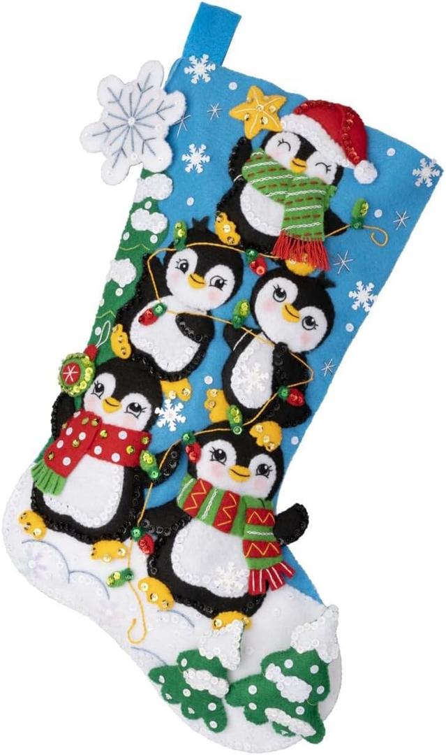 Bucilla, Penguin Tree Trimming, Felt Applique 18" Stocking Making Kit, Perfect for DIY Arts and Crafts, 89598E
