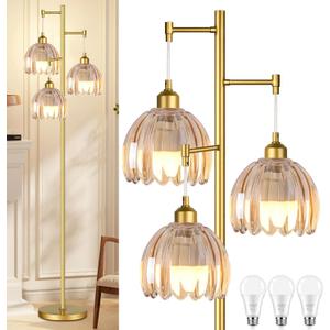 Gold Floor Lamp for Living Room,Bedroom,Tree 3 Light Standing Lamp Mid Century Modern Brass Tall Floor Lamps Vintage Retro Floor Lights Glass Flower Amber Lamp Shade Farmhouse Boho Bohemian
