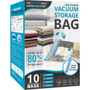 10 Pack Vacuum Storage Bags, Space Saver Bags (2 Jumbo/2 Large/3 Medium/3 Small) Compression Storage Bags for Comforters and Blankets, Vacuum Sealer Bags for Clothes Storage, Hand Pump Included