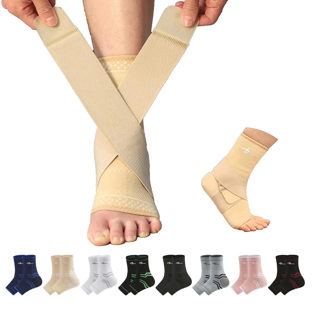 ABIRAM Adjustable Ankle Brace for Women & Men - Compression Sleeve with Wrap for Sprains, Plantar Fasciitis, Achilles Tendonitis - Running, Volleyball, Basketball Support - Breathable, Size S (Light Beige)
