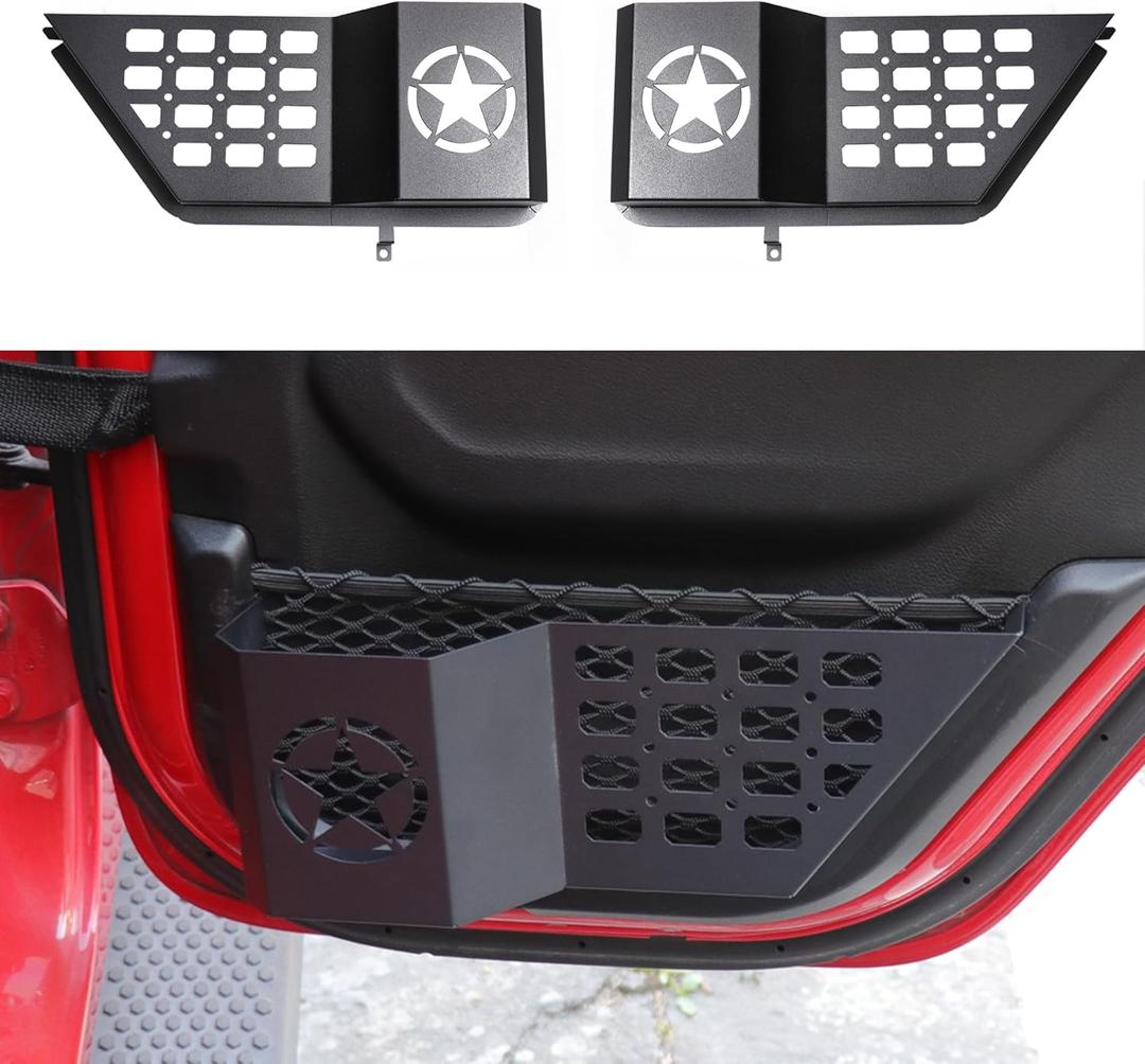 Rear Door Storage Pockets Side Insert Organizer Box Compatible with 2018-2024 2025 Jeep Wrangler JL 4 Door 4XE Gladiator JT Interior Accessories Cup Holder Expansion Tray 1Pair Metal Black Star