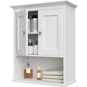 Treocho Wood Wall Cabinet, Bathroom Medicine Cabinet Storage with Doors and Adjustable Shelf, Rustic Cabinet Wall Mounted for Bathroom, Livingroom, Kitchen, Cupboard, White