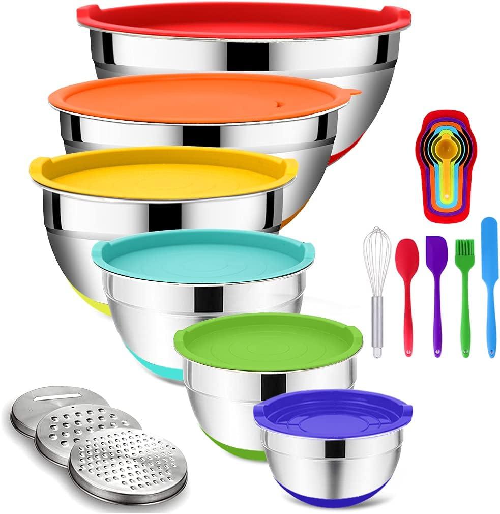 Rottay Mixing Bowls with Airtight Lids, 20PCS Stainless Steel Mixing Bowl Set, Nesting Bowls with 3 Grater Attachments & Non-Slip Bottoms, Size7, 4, 3, 2, 1.5, 1QT Bowls for Baking&Prepping (Multicolor)