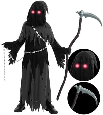 Spooktacular Creations Glowing Eyes Grim Reaper Costume for Kids, Halloween Costume for Boys, Halloween, Dress-up Party, 8-10Y