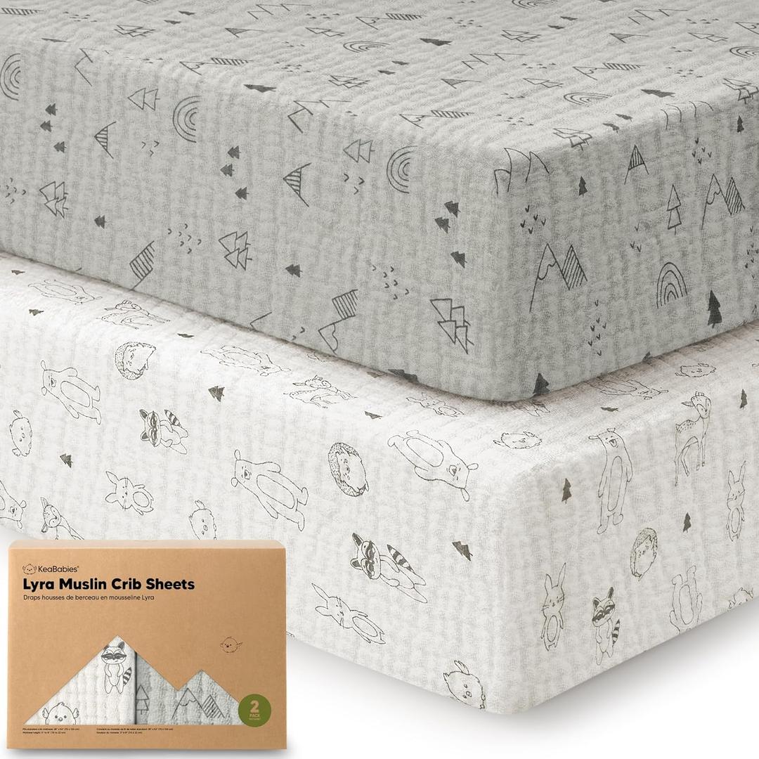 KeaBabies 2-Pack Muslin Crib Sheets for Boys, Girls - 100% Organic Cotton Fitted Baby Crib Mattress Sheet, Soft Breathable Standard Toddler Bed Cover Bedding Set, Neutral, Durable 52x28 (Woodland)
