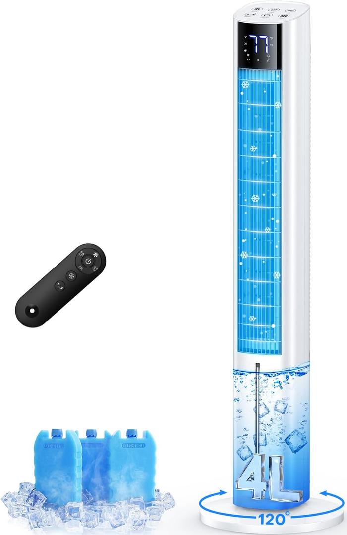 FANCOLE 44 INCH Windowless Air Conditioner with 4 Modes & 3 Speeds, 12H Timer, 4L Tank for 24H Cooling Evaporative Air Cooler, 3 Ice Packs, 17Ft Remote, 120 Oscillating Portable AC Unit for Bedroom