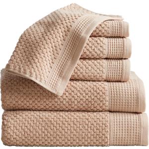 100% Cotton Waffle Textured 6 Piece Towel Set| Super Soft Quick Dry Bath Towels | Decorative Towels for Bathroom | 2 Bath Towels, 2 Hand Towels, 2 Washcloths | Belle Collection (Beige)