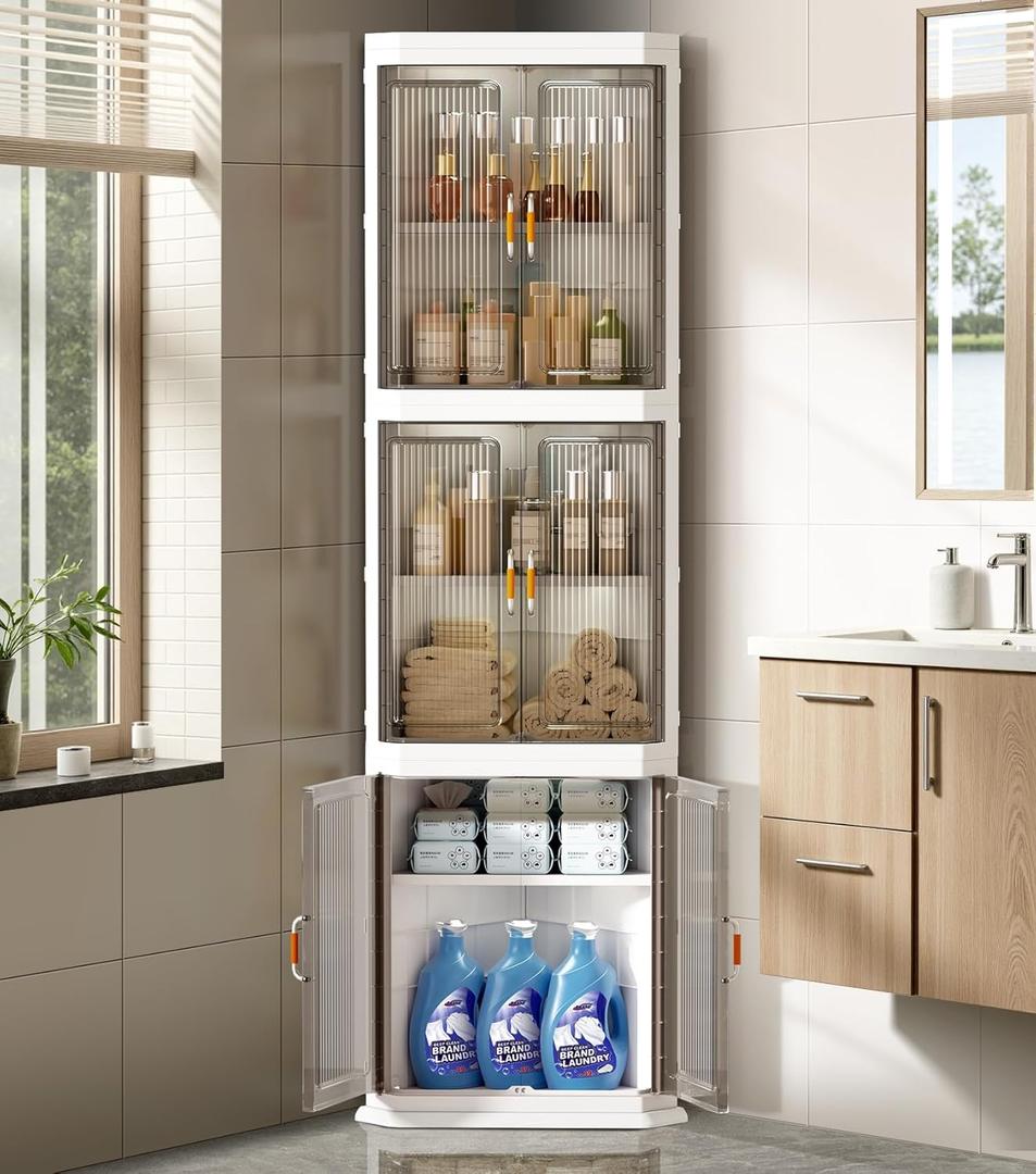 Farmhouse Tall Storage Cabinet Organizer Plastic Bathroom Corner Shelf with 3 Doors and Adjustable Shelves Home Space Saver for Kitchen,Living Room,Laundry RoomDining Room,Quick Assembly, White 