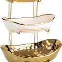 3-Tier Gold Fruit Bowl & Tray with Metal Stand - Ceramic White, Triple Layer for Snacks, Nuts, Bread & Candy Storage, One Size