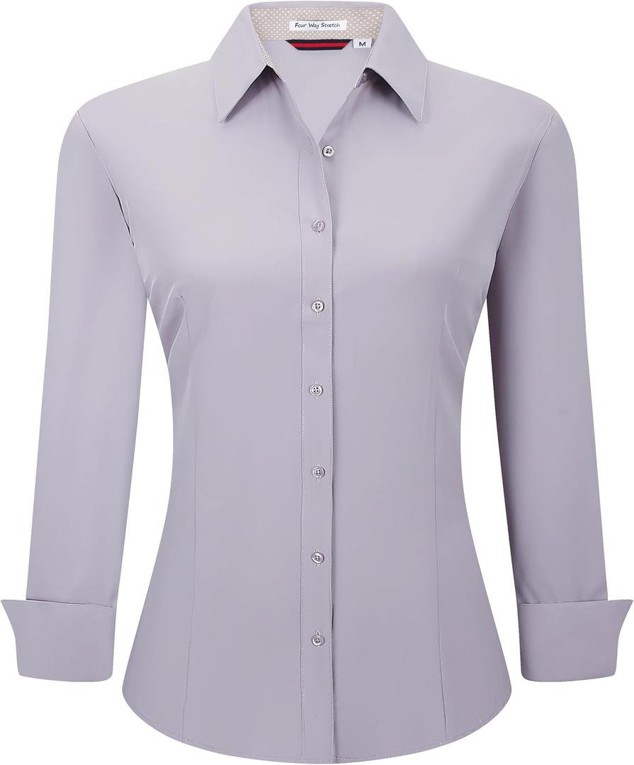 Alex Vando Womens Dress Shirts Wrinkle Free Regular Fit Long Sleeve Stretch Work Shirt (Small, Lt Grey)