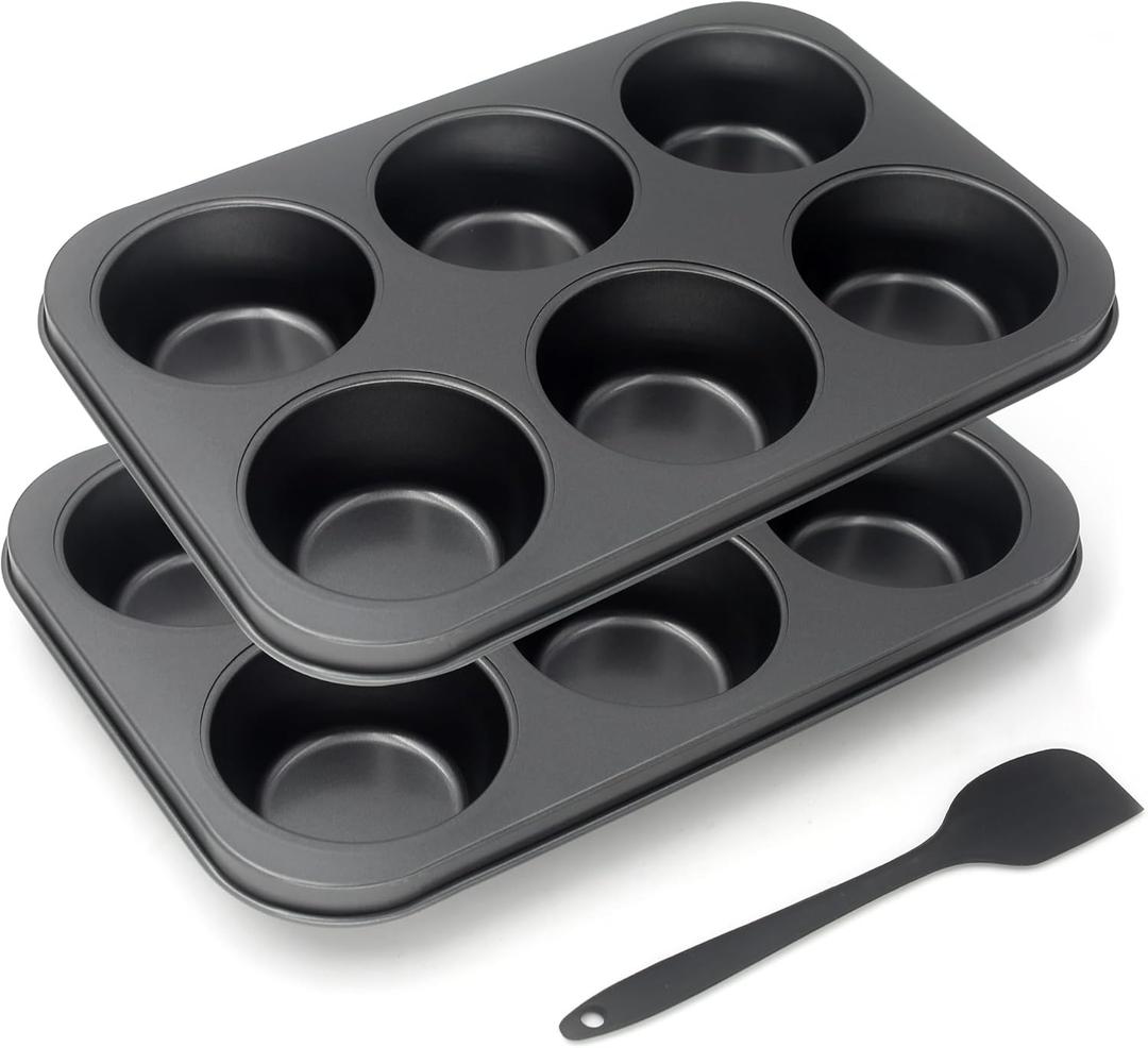 Non-Stick Muffin Pans, 6-Cup Set of 2 Jumbo Baking Pans with a Spatula for Extra-large Muffins & Cupcakes