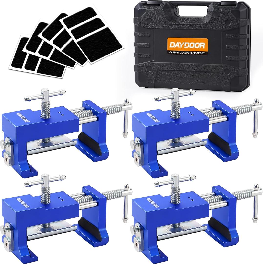 DAYDOOR Professional Cabinet Clamps 4 Pack, Heavy-Duty Cast Steel, Integrated Drill Guide & EVA Protection, Face Frame Alignment Tool for Cabinet Installation & Woodworking, Blue