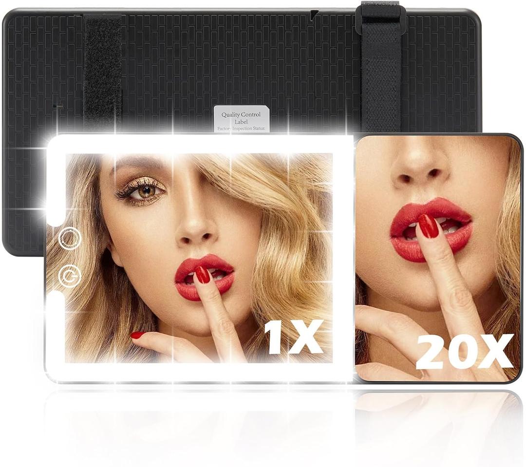 Large 2-in-1 Led Car Vanity Mirror with 20X Strong Magnification,10" Sun Visor Mirror with 3-Color Dimmable Rechargeable LED Lights,Car Makeup Mirrors with Secure Reinforced Flexible Mount
